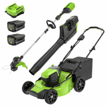 Charger l’image dans la visionneuse de la galerie, Green and black cordless lawn mower with attachments on a white background
