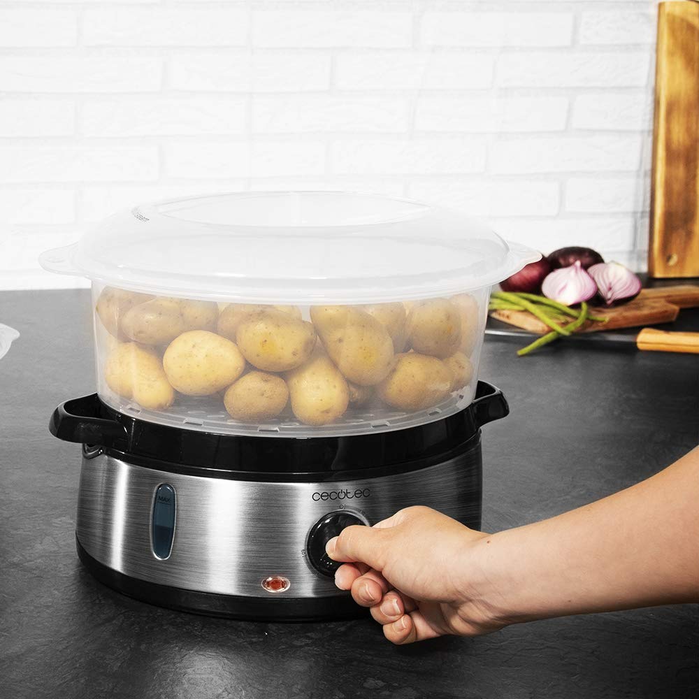 Cuiseur vapeur électrique 800 W – 3 paniers indépendants, Minuterie 60 min, Inox