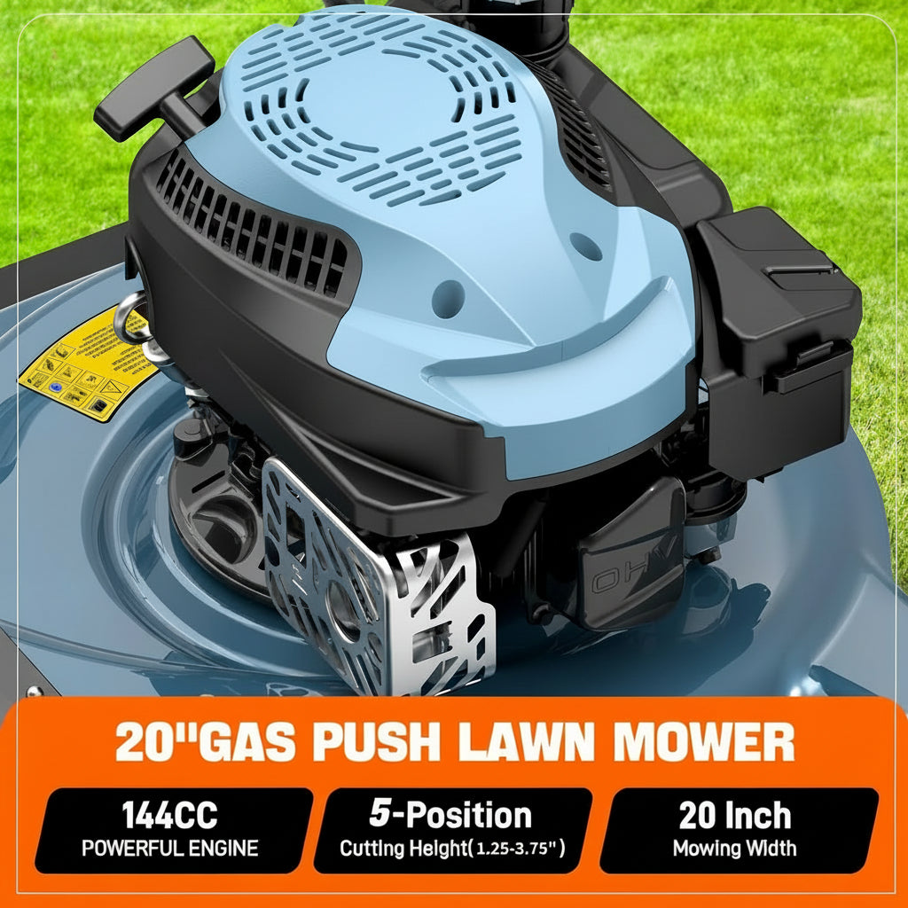 20" Gas Lawn Mower, 144cc 4-Stroke Engine, Push Mower with Side Discharge, 5-Position Height Adjustment, Steel Deck