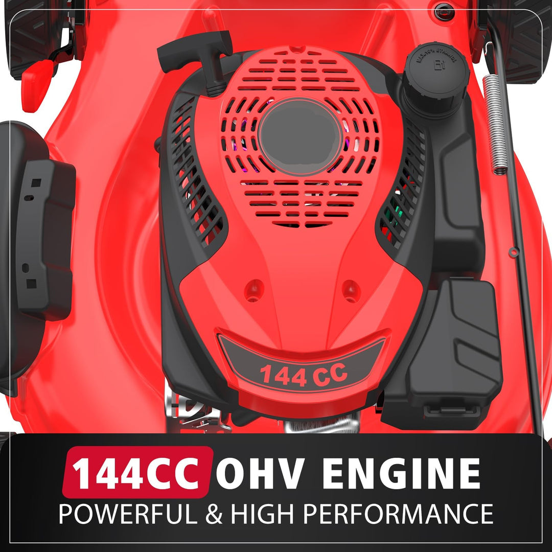 21" Gas Lawn Mower, 144cc OHV Engine, 3-in-1 Push Mower with Bagging, Mulching & Side Discharge