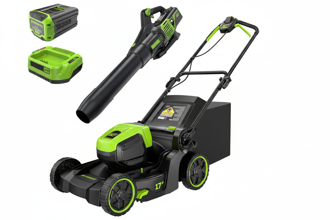 60V 17-Inch Brushless Push Lawn Mower & 610 CFM Cordless Blower Combo, 4.0Ah Battery & Charger Included