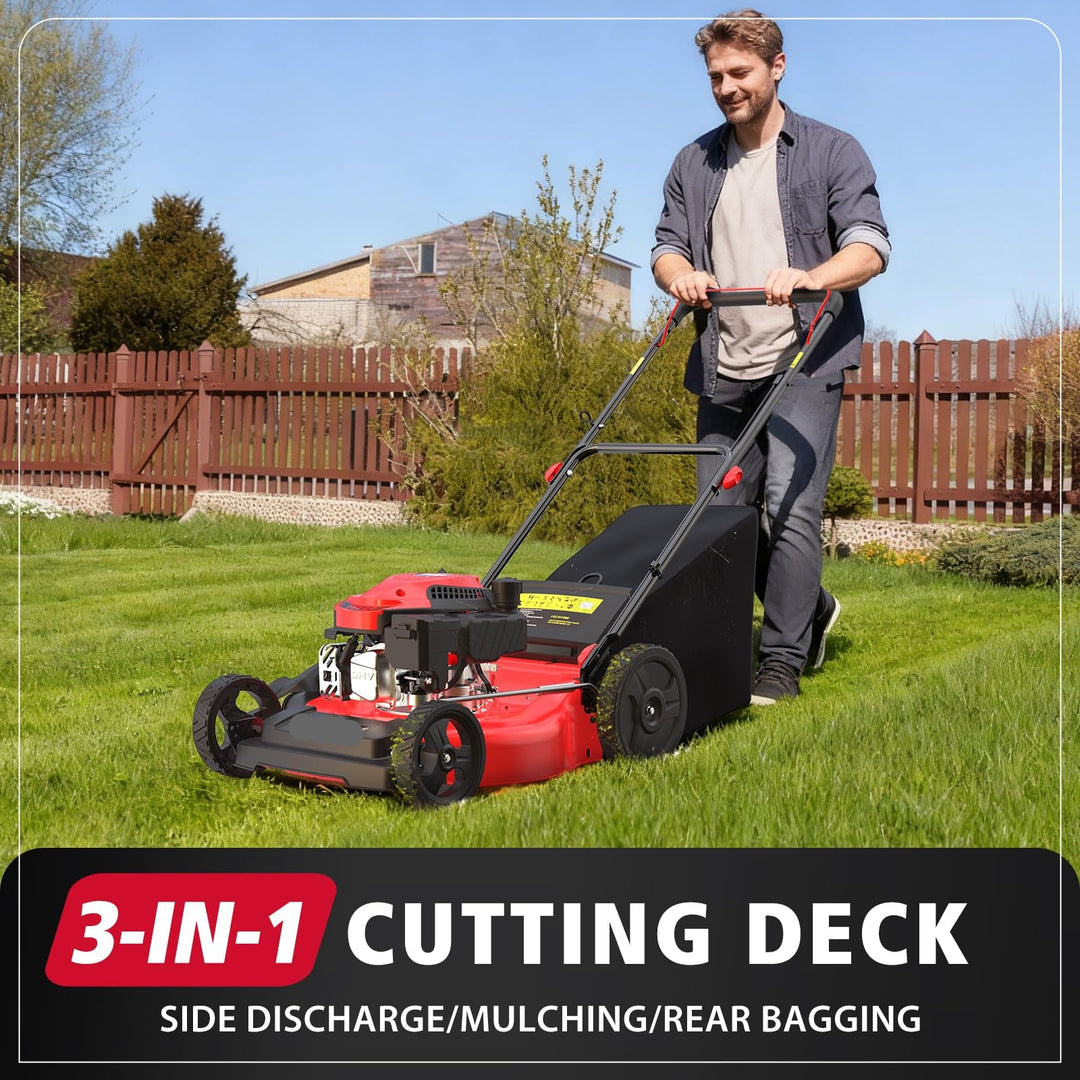 21" Gas Lawn Mower, 144cc OHV Engine, 3-in-1 Push Mower with Bagging, Mulching & Side Discharge