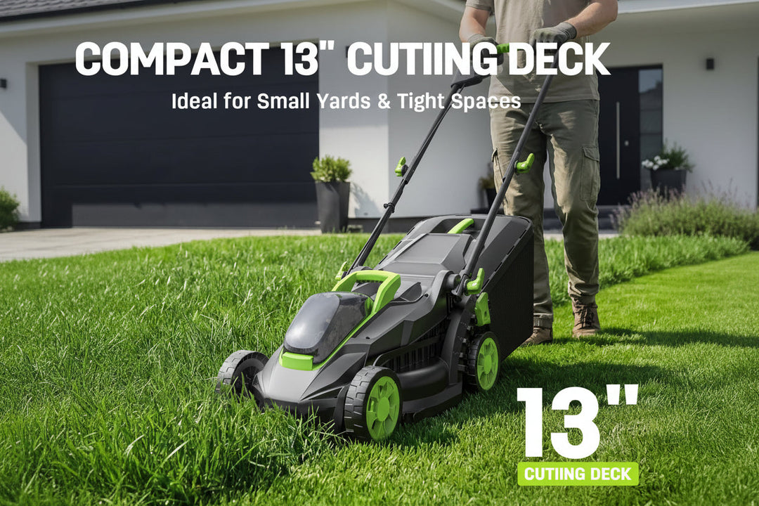 21V 13" Cordless Electric Lawn Mower, Brushless Motor, 5-Level Height Adjustment, Mulching & Bagging, Battery & Charger Included