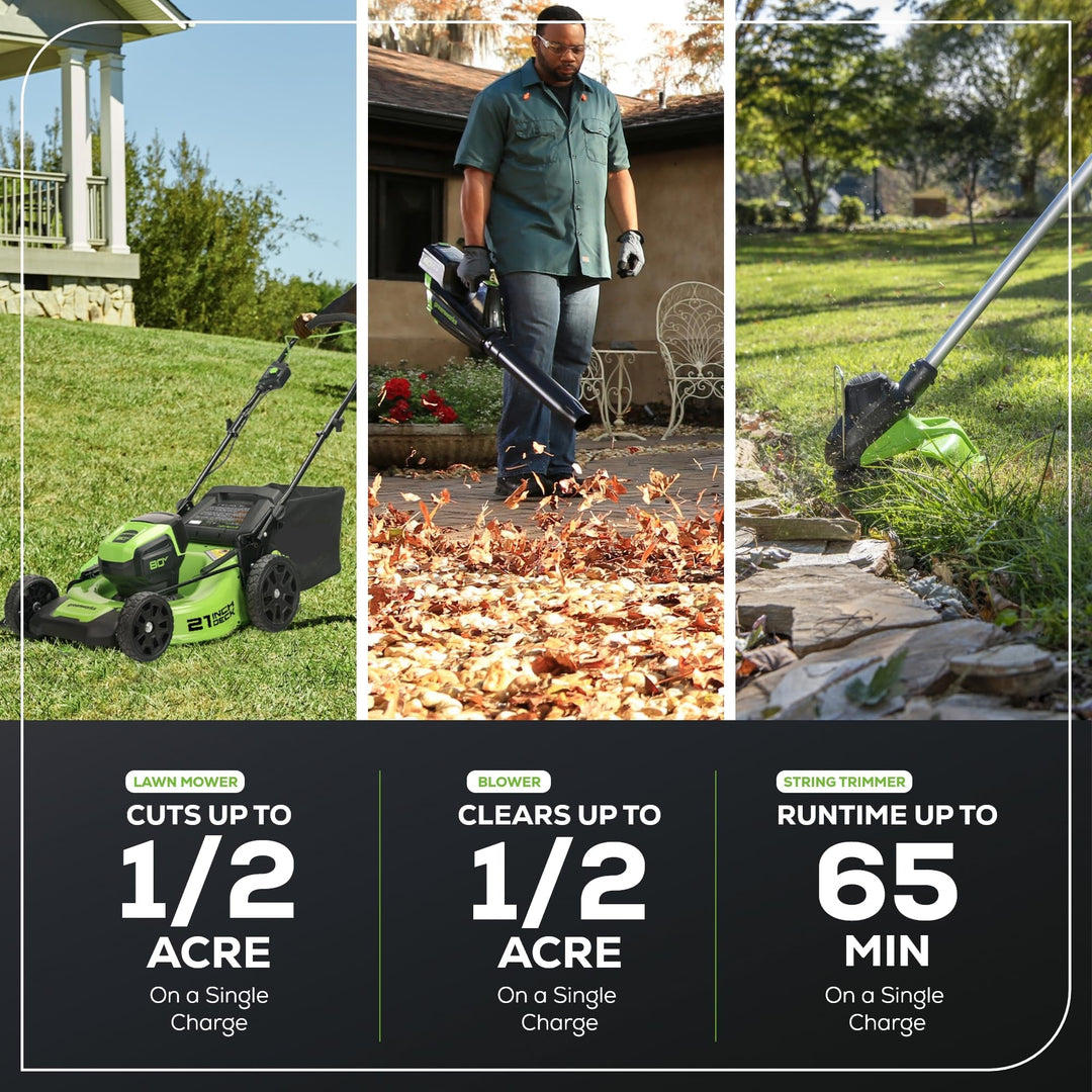 80V 21" Cordless Self-Propelled Lawn Mower + Leaf Blower 580 CFM, Brushless Motor, 4.0Ah Battery & Rapid Charger Included